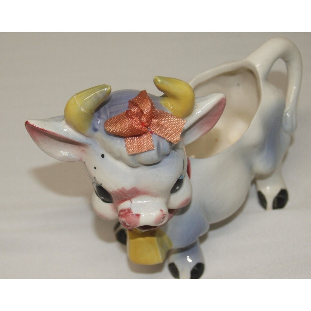 Vintage Made in Japan Cow Planter Floral Hand Painted Pottery Mid Century